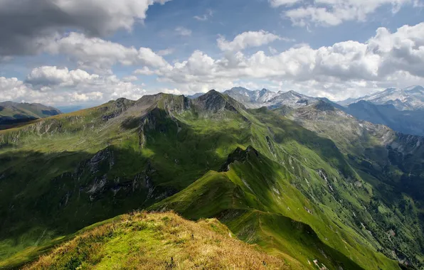 Зелень, облака, горы, тени, Austria, Alps