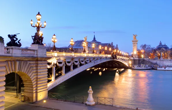Картинка мост, река, Франция, Париж, утро, фонари, катера, дворец