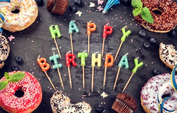 Свечи, colorful, Happy Birthday, colours, cupcake, celebration, кексы, decoration