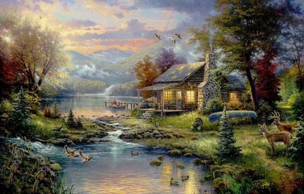 Картинка лес, деревья, горы, птицы, дом, река, лодка, Картина