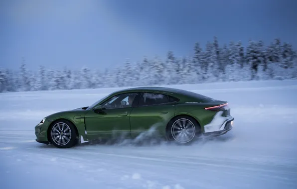 Зима, дорога, снег, Porsche, зелёный, 2020, Taycan, Taycan 4S