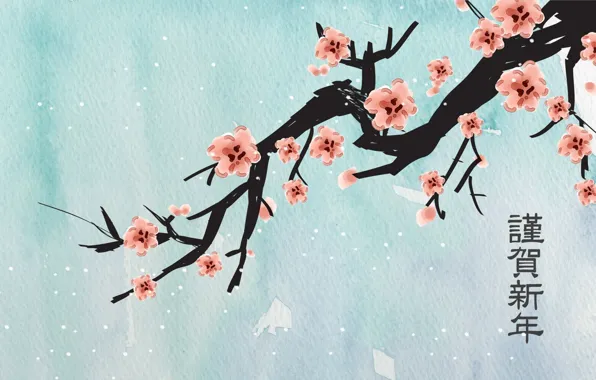 Картинка цветы, снежинки, рисунок, ветка, сакура, иероглифы, голубой фон