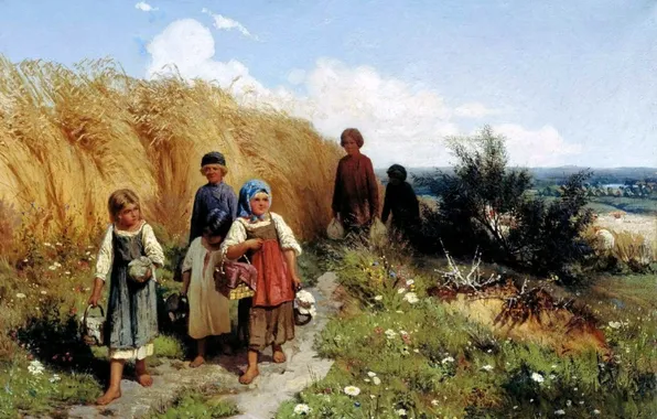Дети, Картина, Пшеница, Русский живописец, Жнитво, Alexey Kivshenko, Алексей Кившенко