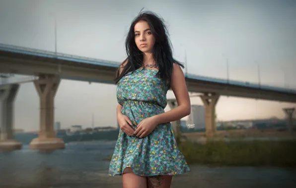 Девушка, мост, платье, брюнетка, тату, Ангелина, Alexander Drobkov-Light