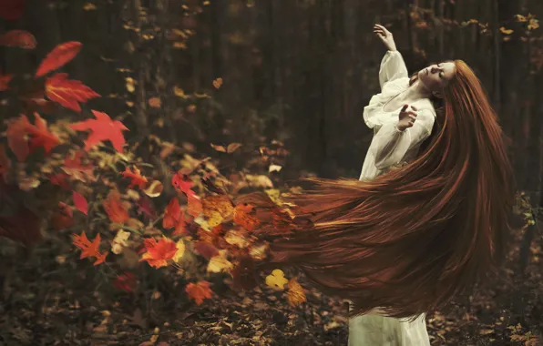 Картинка осень, листья, девушка, волосы, ситуация