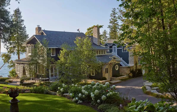 Сад, архитектура, коттедж, Romantic Cottage, Wisconsin, ландшафтный дизайн, Door County, на берегу озера