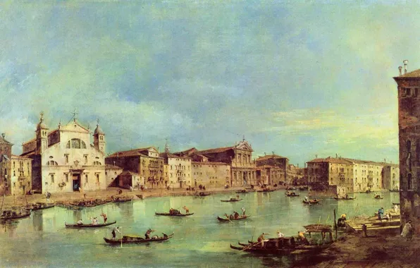 Здания, лодки, канал, венеция, италия, francesco guardi, франческо гварди