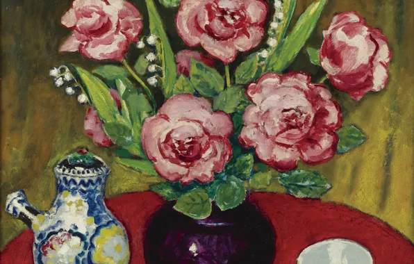 Картинка масло, чайник, ваза, холст, Kees van Dongen, пиалка, Натюрморт с розами и ландышами