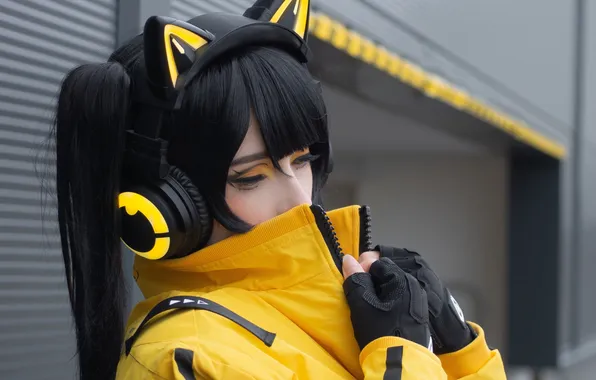 Latex, Asian, Model, Headphone, Woman, Building, Jacket, Gloves