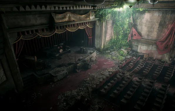 The last of us, concert, Stage, instruments, Game Art, Post apocalyptic, Abandoned Theater, Maarten HofPro