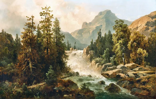Облака, Горы, Деревья, Река, Картина, Австрийский художник, Josef Thoma, Йозеф Тома