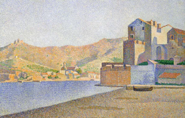 Море, пейзаж, горы, берег, дома, картина, Поль Синьяк, пуантилизм