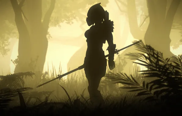 Картинка лес, девушка, туман, рендеринг, хищник, шлем, копье, predator
