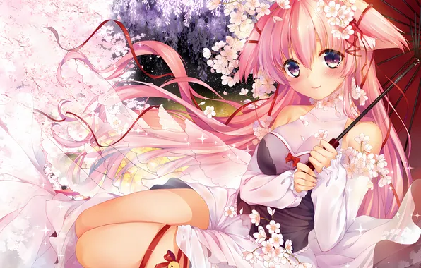 Girl, pink hair, long hair, dress, boobs, animal ears, umbrella, anime