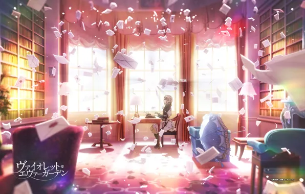 Violet evergarden, стол, книги, окно, в комнате, Akiko Takase, зонт, печатная машинка