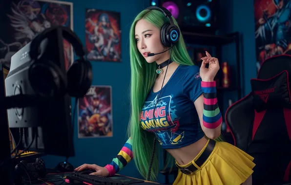 Asian, headphones, shirt, green hair, miniskirt, choker, AI art, gaming chair