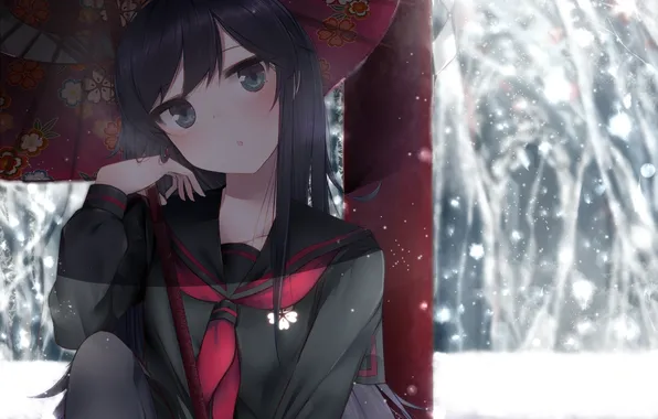 Картинка зима, девушка, снег, зонт, аниме, арт, форма, школьница