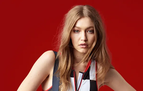 Красный, фон, модель, портрет, шатенка, красотка, фотосессия, Gigi Hadid
