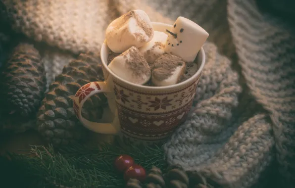 Картинка настроение, Рождество, кружка, снеговик, шишки, горячий шоколад, зефир, маршмэллоу