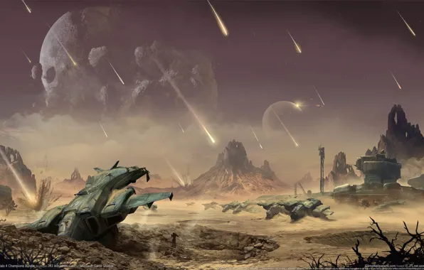 Картинка планета, метеоры, Хало, десант, game wallpapers, ковенанты, Halo 4 Champions Bundle
