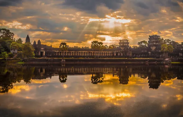 Картинка рассвет, храм, Камбоджа, храмовый комплекс, Ангкор-Ват