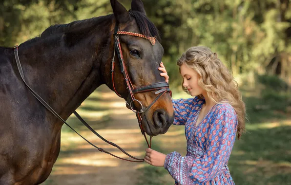Лето, девушка, природа, животное, конь, лошадь, платье, блондинка