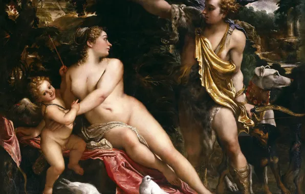 Картинка картина, Венера, религия, жанровая, мифология, Аннибале Карраччи, Адонис и Амур