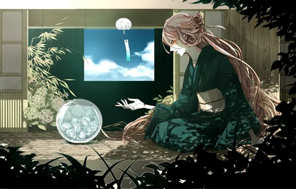 Картинка небо, вода, девушка, облака, дом, растения, арт, кимоно