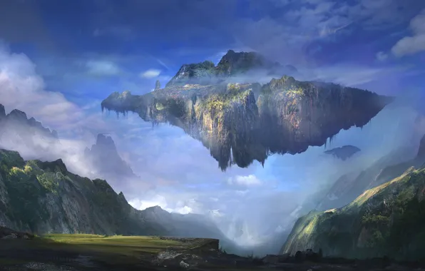 Картинка пейзаж, горы, остров, арт, летающий, Sergey Zabelin