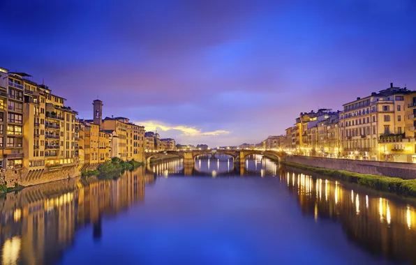 Мост, река, дома, Италия, Флоренция, Арно