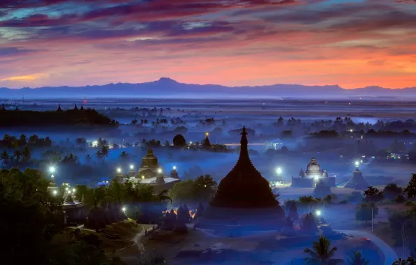 Картинка огни, туман, вечер, утро, дымка, Бирма, храмы