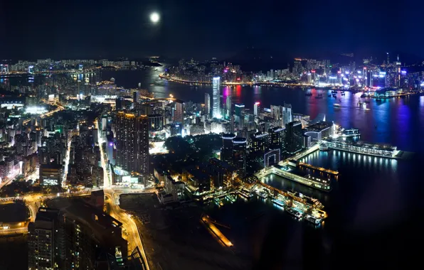 Небо, вода, ночь, city, город, lights, огни, здания