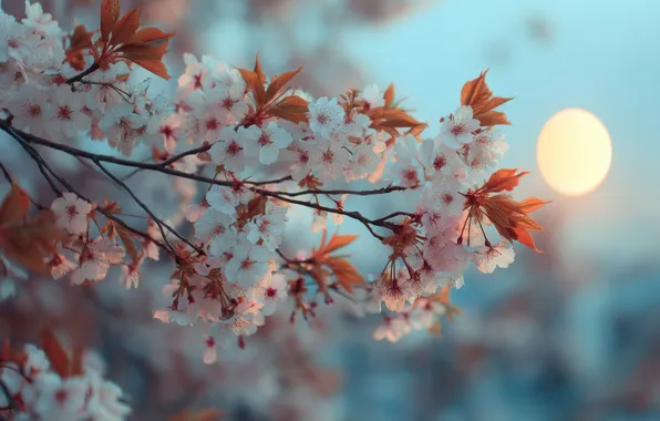 Листья, свет, цветы, природа, вишня, ветка, весна, сад