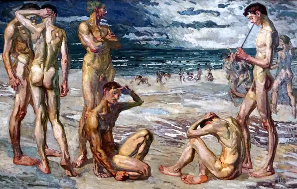 Песок, Пляж, Картина, Побережье, Парни, Max Beckmann, Обнажены, Макс Бекманн