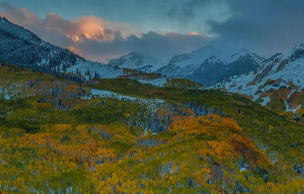 Картинка осень, снег, деревья, пейзаж, горы, природа, США