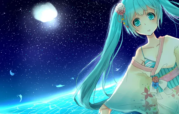 Девушка, звезды, ночь, кимоно, vocaloid, hatsune miku, вокалоид, хатсуне мику