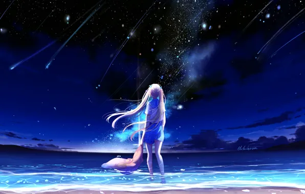 Море, небо, ночь, школьница, падающие звезды, by lluluchwan