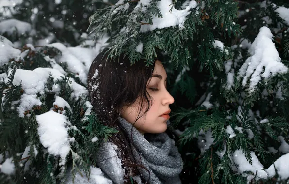 Девушка, снег, ветки, лицо, green, милая, модель, портрет