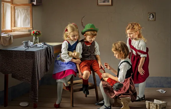 Картинка дети, стол, комната, девочки, мальчик, окно, Dmitry Usanin, заплатка