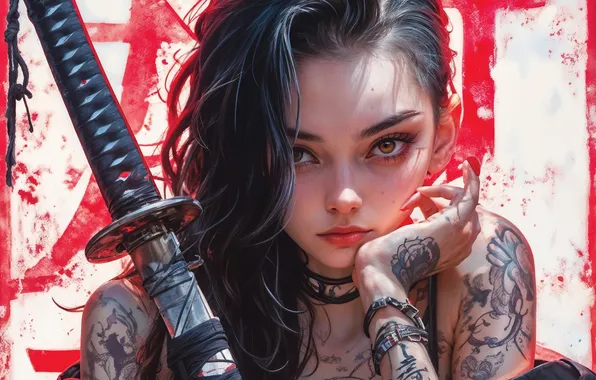 Girl, Graffiti, Tattoo, Katana, Anime Girl, AI Art, AI Generated