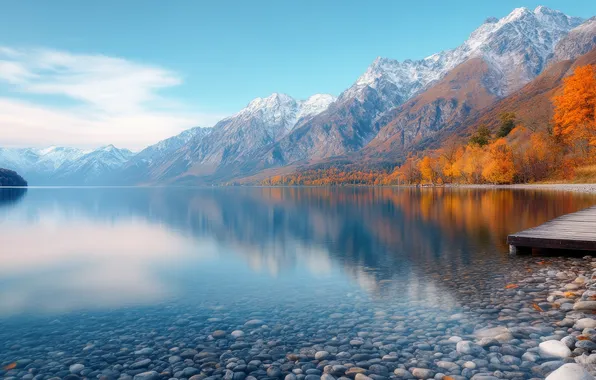 Осень, лес, небо, облака, пейзаж, горы, природа, галька