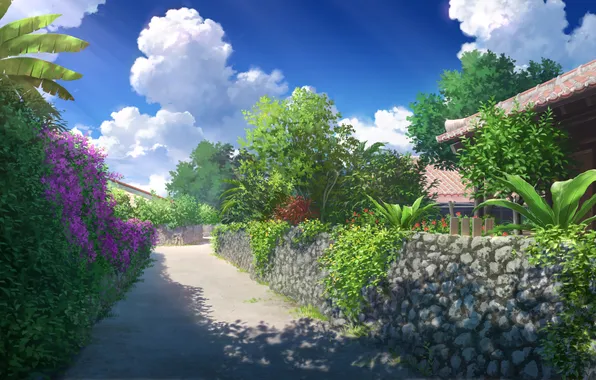 Картинка sky, trees, flowers, clouds, scenery, digital art, sunlight, plants