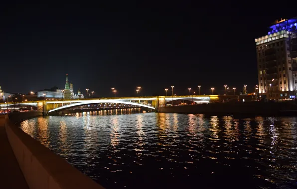 Мост, огни, река, вечер, Москва, Кремль, Россия, Russia