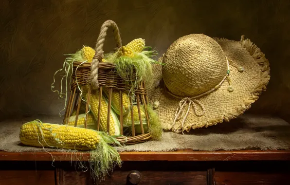 Стол, шляпа, кукуруза, натюрморт, корзинка, соломенная, початки