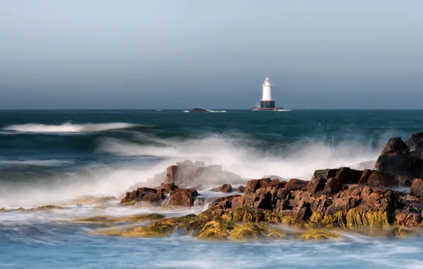 Картинка океан, побережье, маяк, США, lighthouse, New England, Rhode Island, Род-Айленд