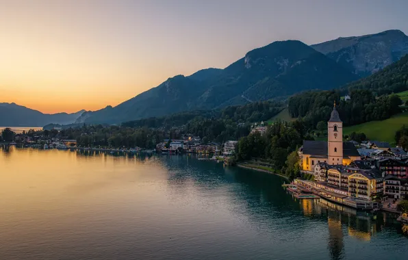 Картинка закат, горы, озеро, здания, дома, Австрия, церковь, Austria