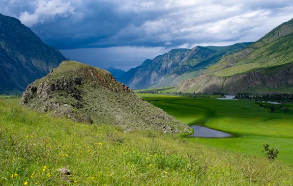 Облака, горы, зеленая трава, Алтай, красота природы, Сергей Дужников, Респ
