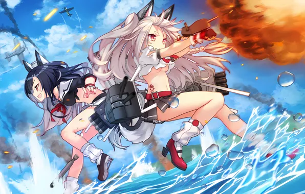 Sexy, cleavage, school uniform, long hair, legs, sea, girls, boobs