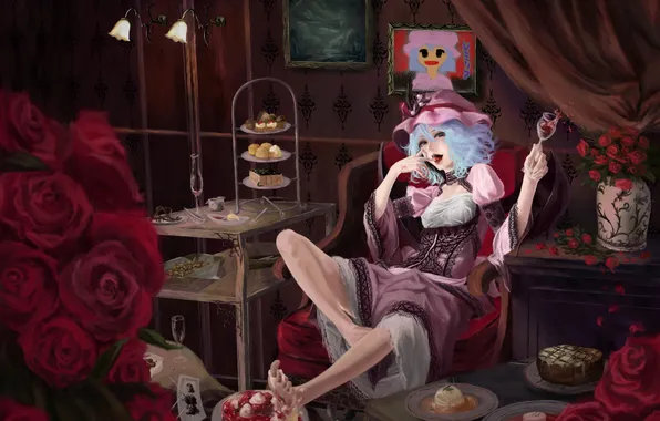 Картинка девушка, комната, вино, бокал, кресло, арт, торт, touhou