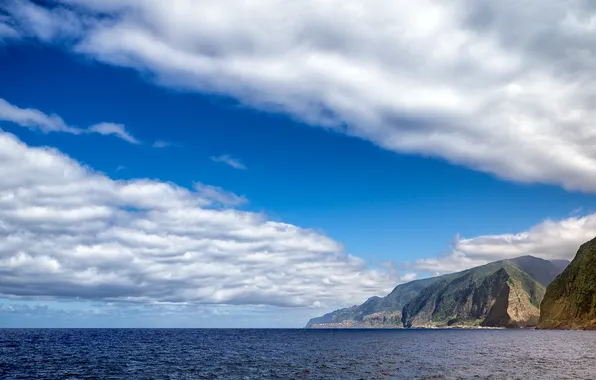 Волны, небо, облака, океан, берег, Португалия, остров Мадейра